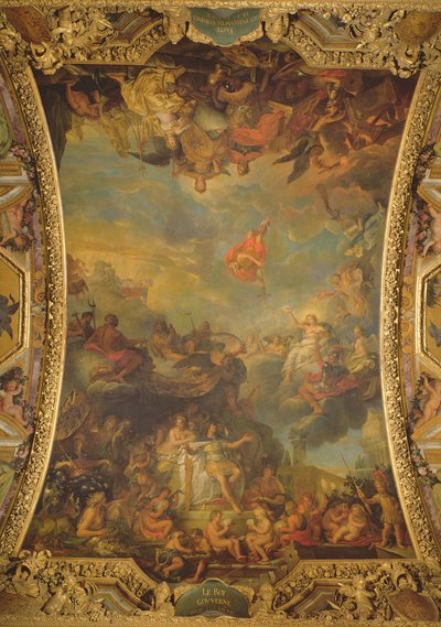 Vista do rei Luís XIV (1638-1715) governando sozinho em 1661 e os prósperos poderes vizinhos da França, pintura de teto da Galerie des Glaces de Charles Le Brun